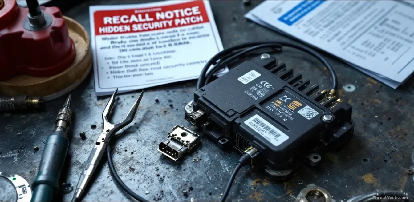 A truck brake controller component on a workbench being examined by researchers, with technical documentation showing both recall notice and hidden security pat