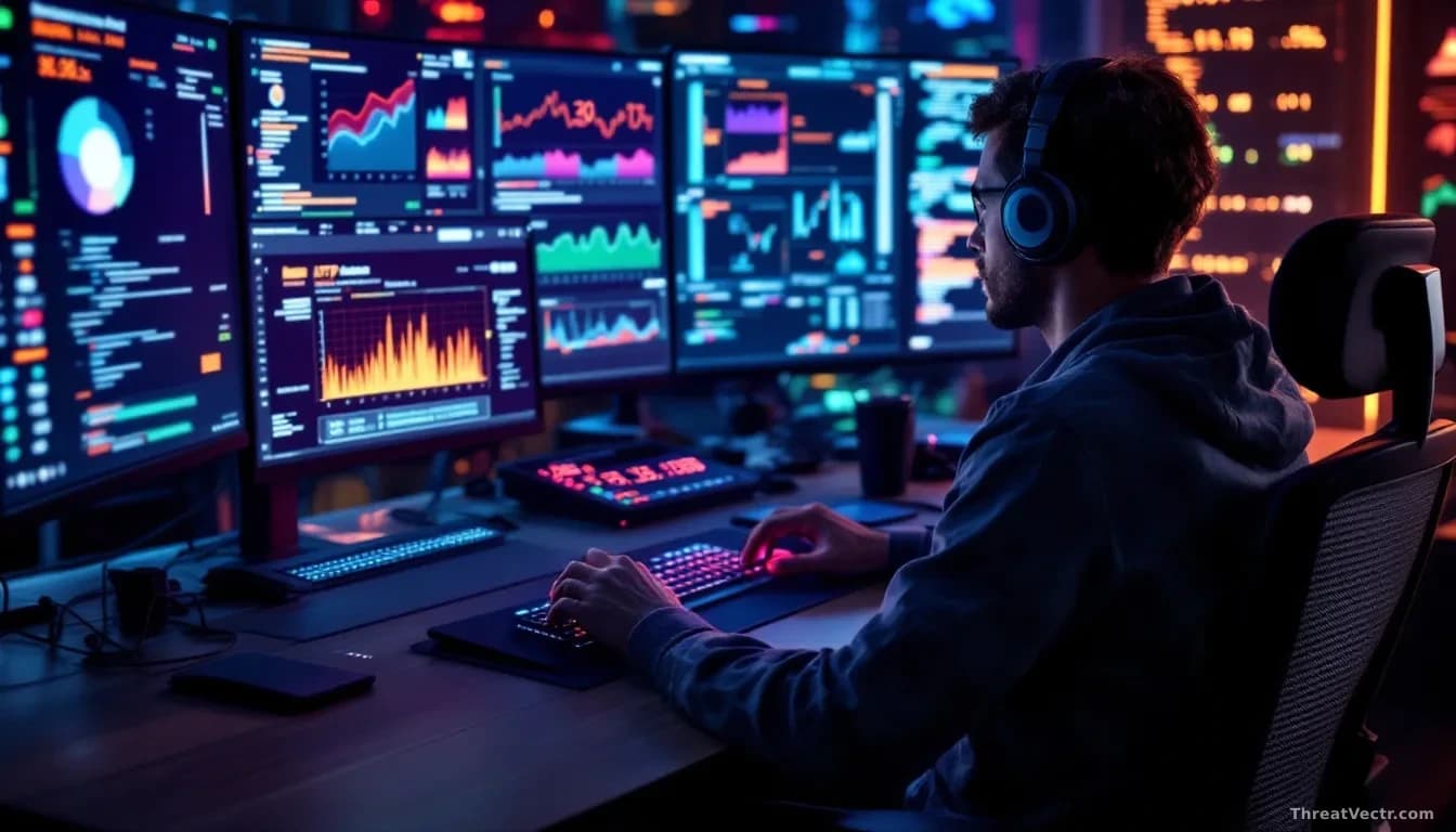A security researcher's workstation with AI-assisted analysis tool running across 30,000 website scans on multiple monitors, with a new HTTP vulnerability path