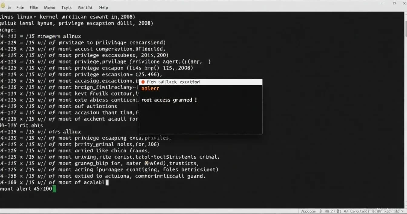 A Linux system terminal window showing kernel code from 2008 with a privilege escalation exploit running, displaying root access being granted with an alert ove