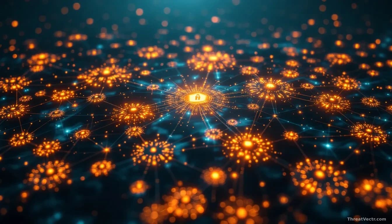 A sprawling network of interconnected open-source code repositories and libraries visible in a constellation of glowing nodes, with security cracks forming betw