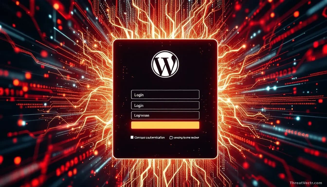 A WordPress login page on a server with malicious code injecting itself into the authentication flow, represented by digital tendrils wrapping around the interf