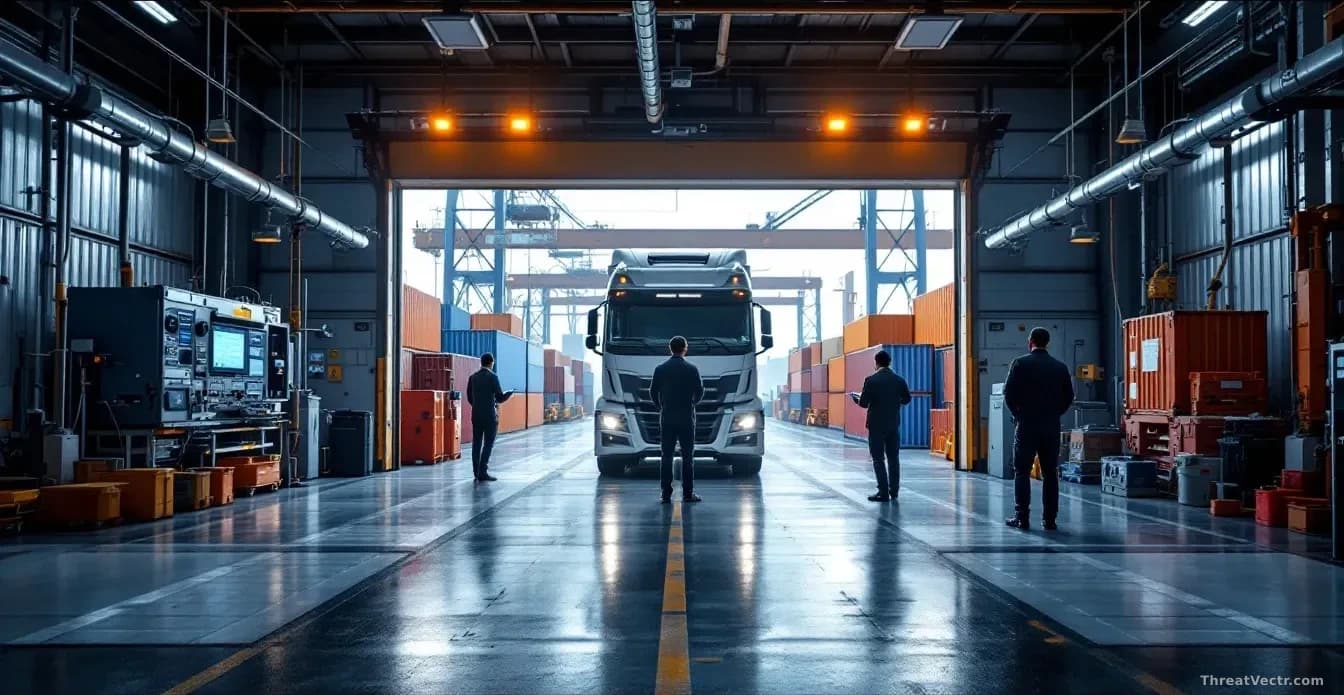 A cargo port gate control facility with computer systems down and staff manually processing truck entries with paper records and radio communication instead