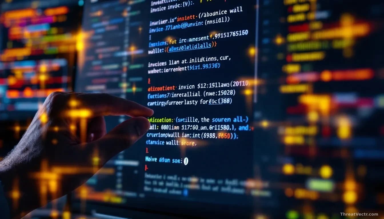 A business email thread on a computer screen with invoice attachments and cryptocurrency wallet addresses being subtly edited by unseen hands overlaid with malw