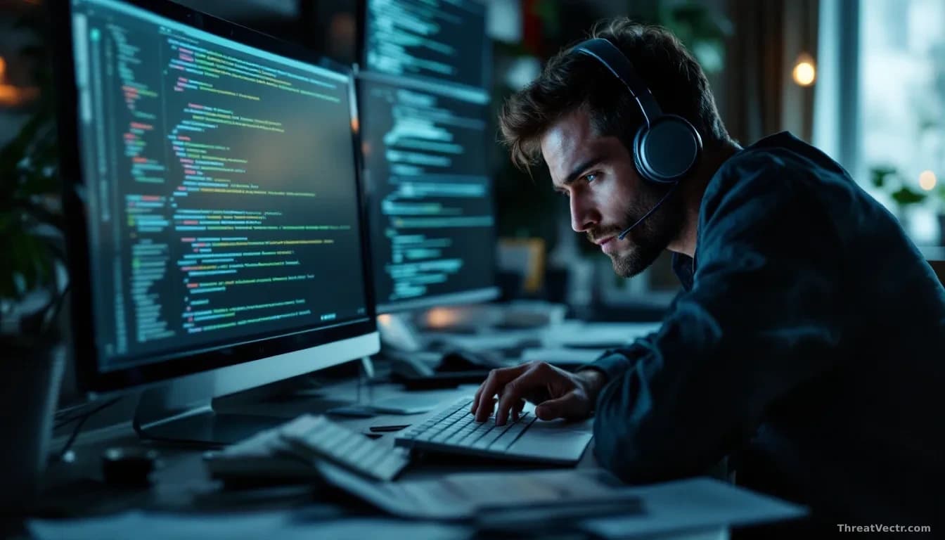A tech support inbox flooded with hundreds of automated emails and low-quality submissions piling up on a desktop, with a tired security researcher in the backg