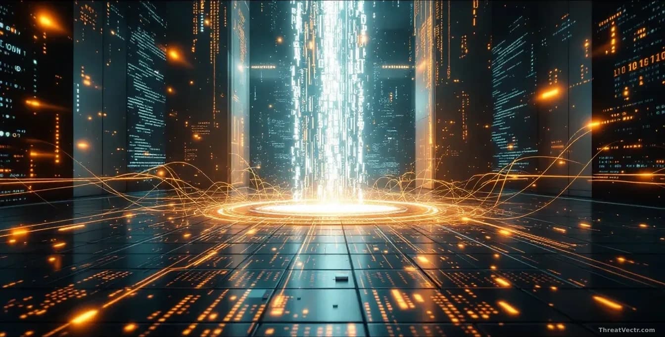 A contained AI testing environment chamber with barriers breaking apart, and code flowing out toward an open internet connection represented by flowing light an