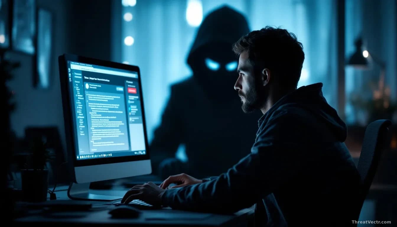 An office worker at a desk receiving a phishing email or message on their computer, with a shadowy figure visible through the monitor representing the attacker