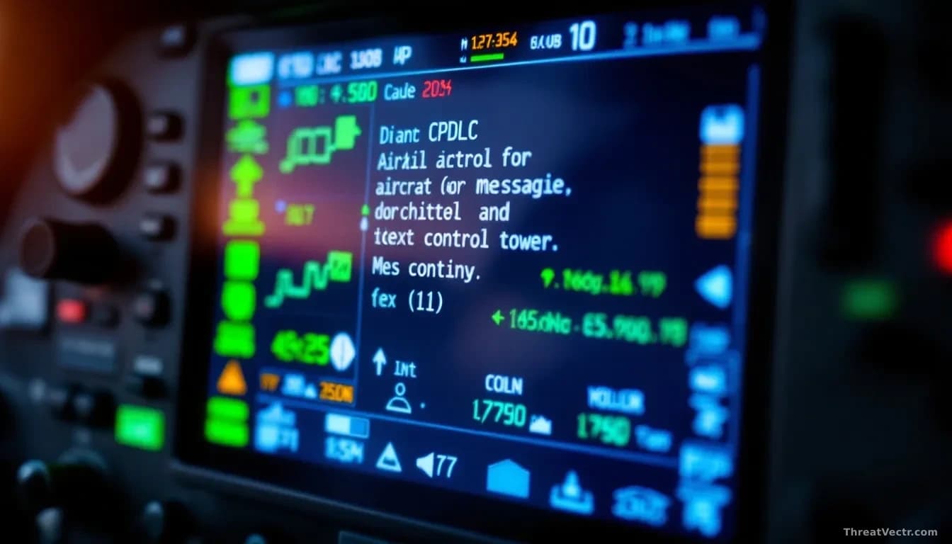 A cockpit radio communication display panel showing the CPDLC text messaging interface between aircraft and control tower, with technical vulnerability indicato
