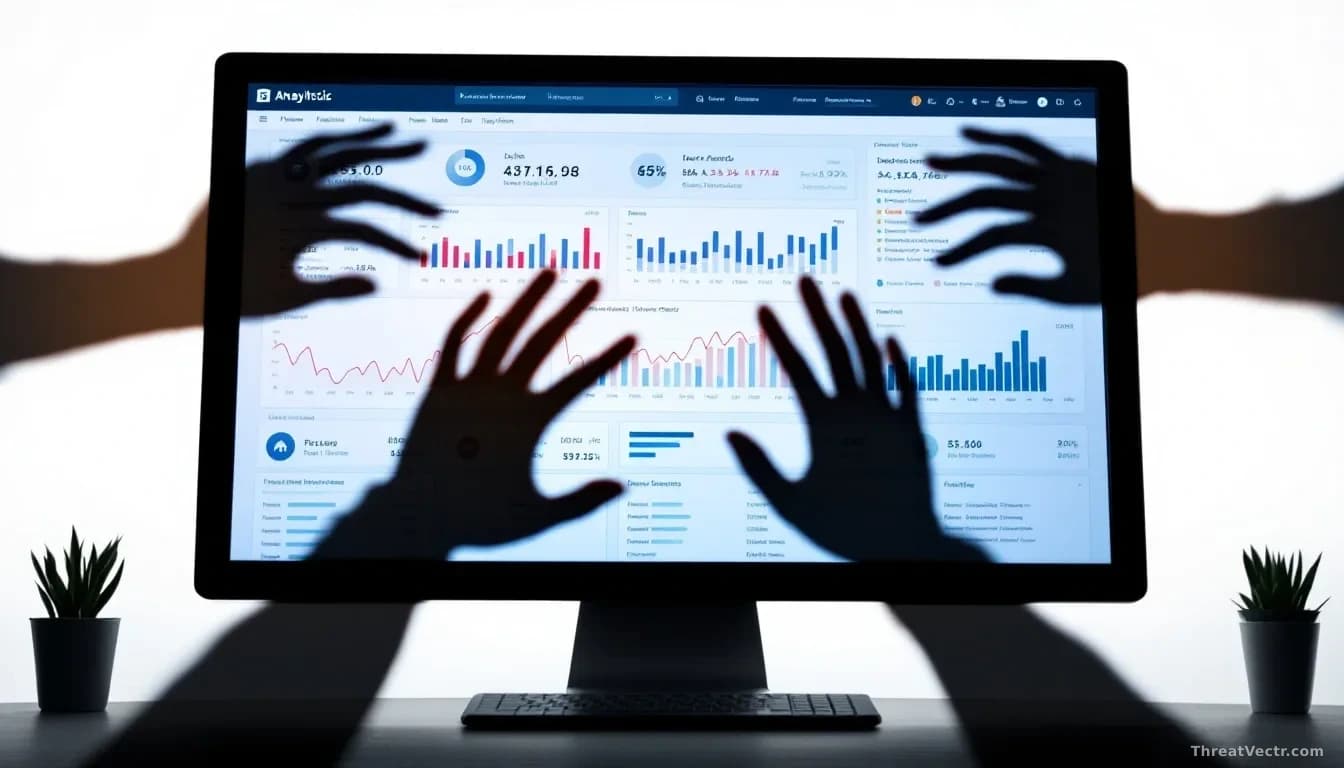 A business analytics dashboard on a computer screen being overlaid with shadowy hands reaching through the monitor to grab data files and user records
