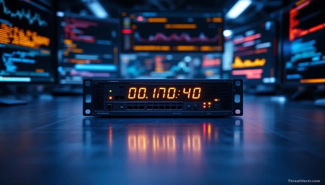 A network load balancer device with warning indicator lights illuminated, surrounded by cascading alert notifications on nearby monitors