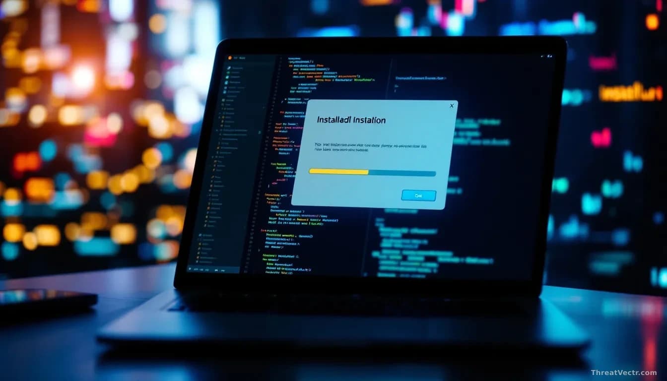 A laptop screen showing a software installation dialog box with a progress bar, while code streams down in the background and a subtle warning icon glows in the