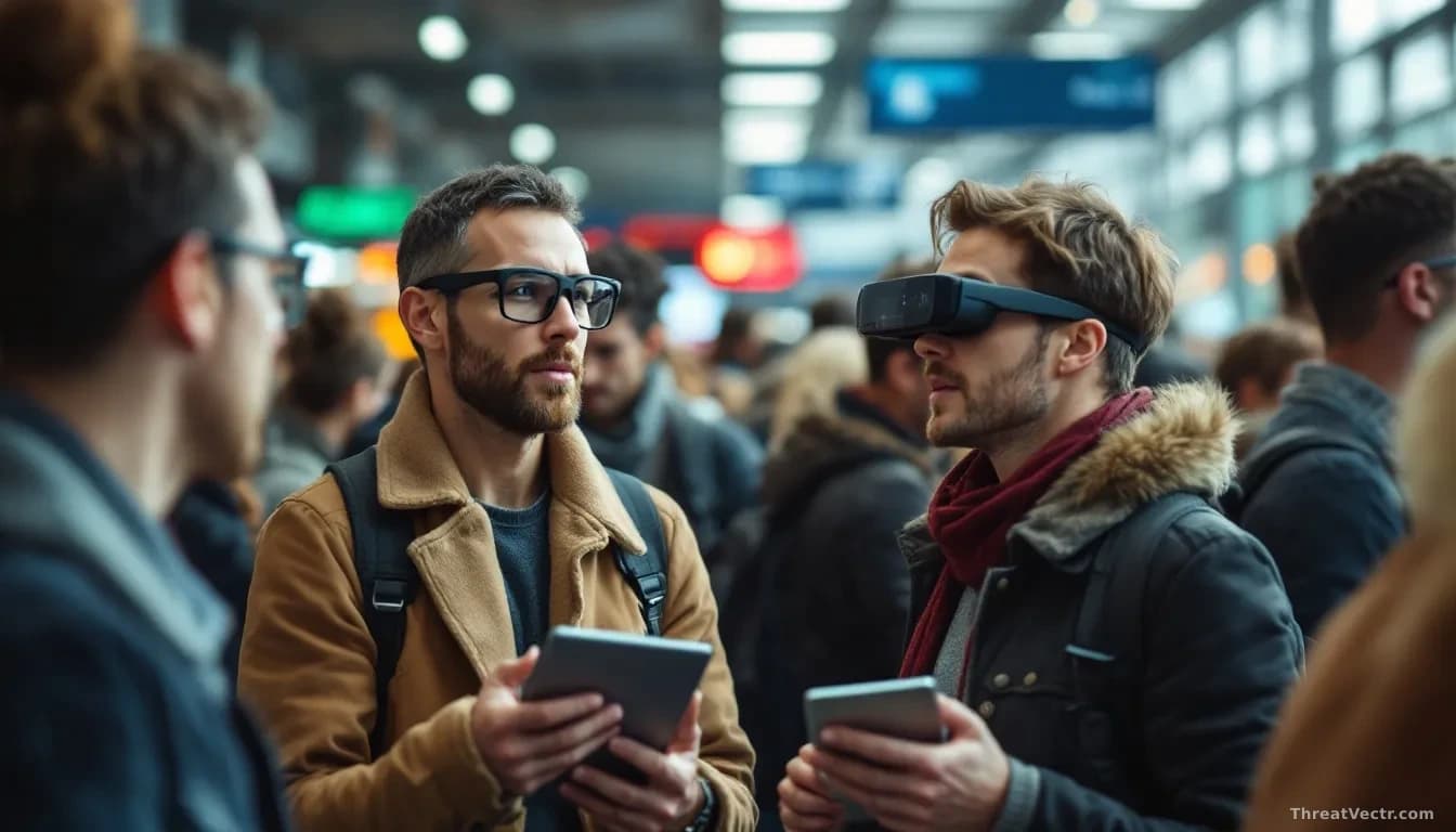 A crowded public space—train station, coffee shop, or street corner—where people wearing ordinary eyeglasses navigate through crowds, with privacy experts in th