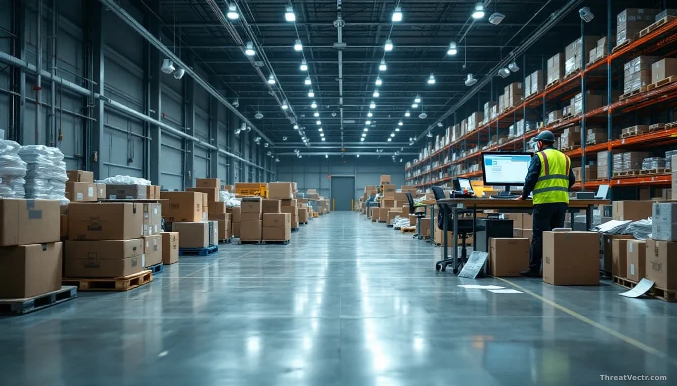 A shipping warehouse with rows of packages and pallets, security cameras mounted on walls, a forensic investigator in safety vest examining a compromised comput