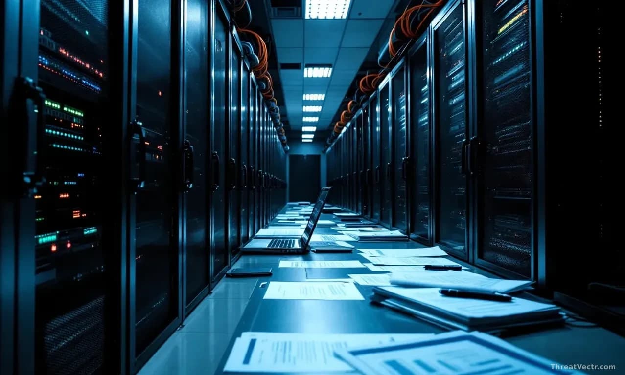 A data center with servers being physically disconnected from network cables by technicians in gloves, server racks powered down in sequence, documentation and
