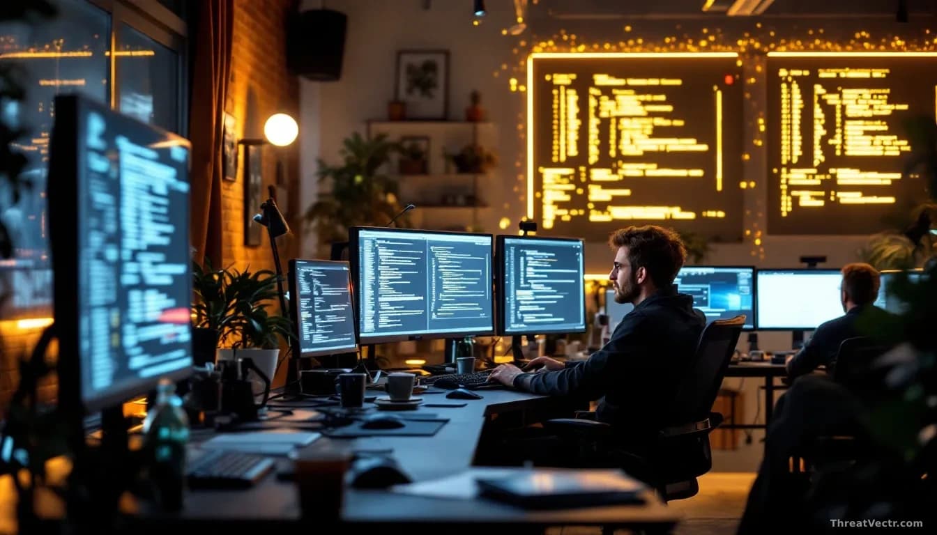 A software development bullpen where lines of code stream across multiple large monitors at accelerated speed, developers at standing desks surrounded by coffee