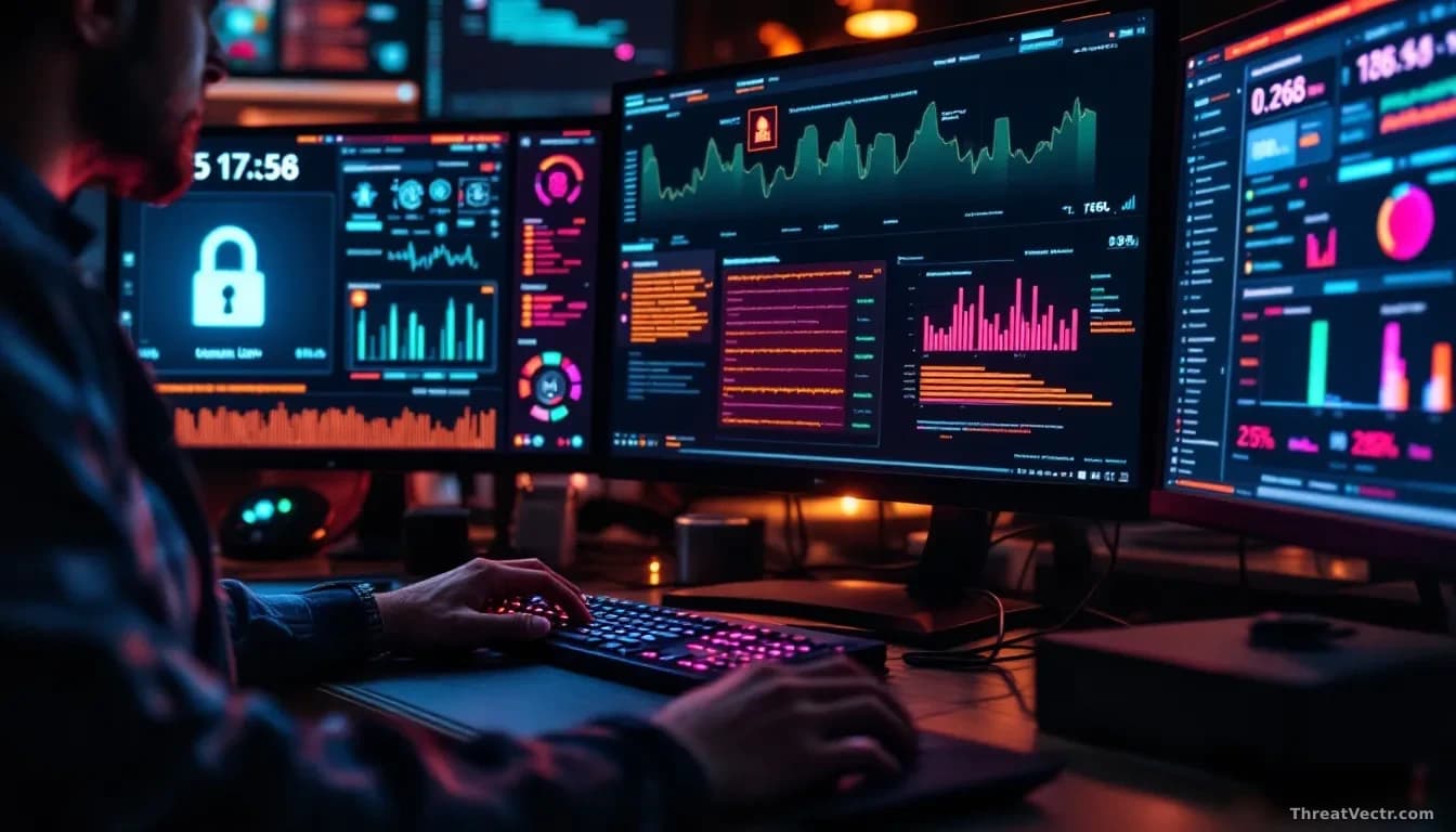 A security operations center during a credential compromise alert, multiple screens showing device fingerprinting data, biometric readings, and behavioral analy