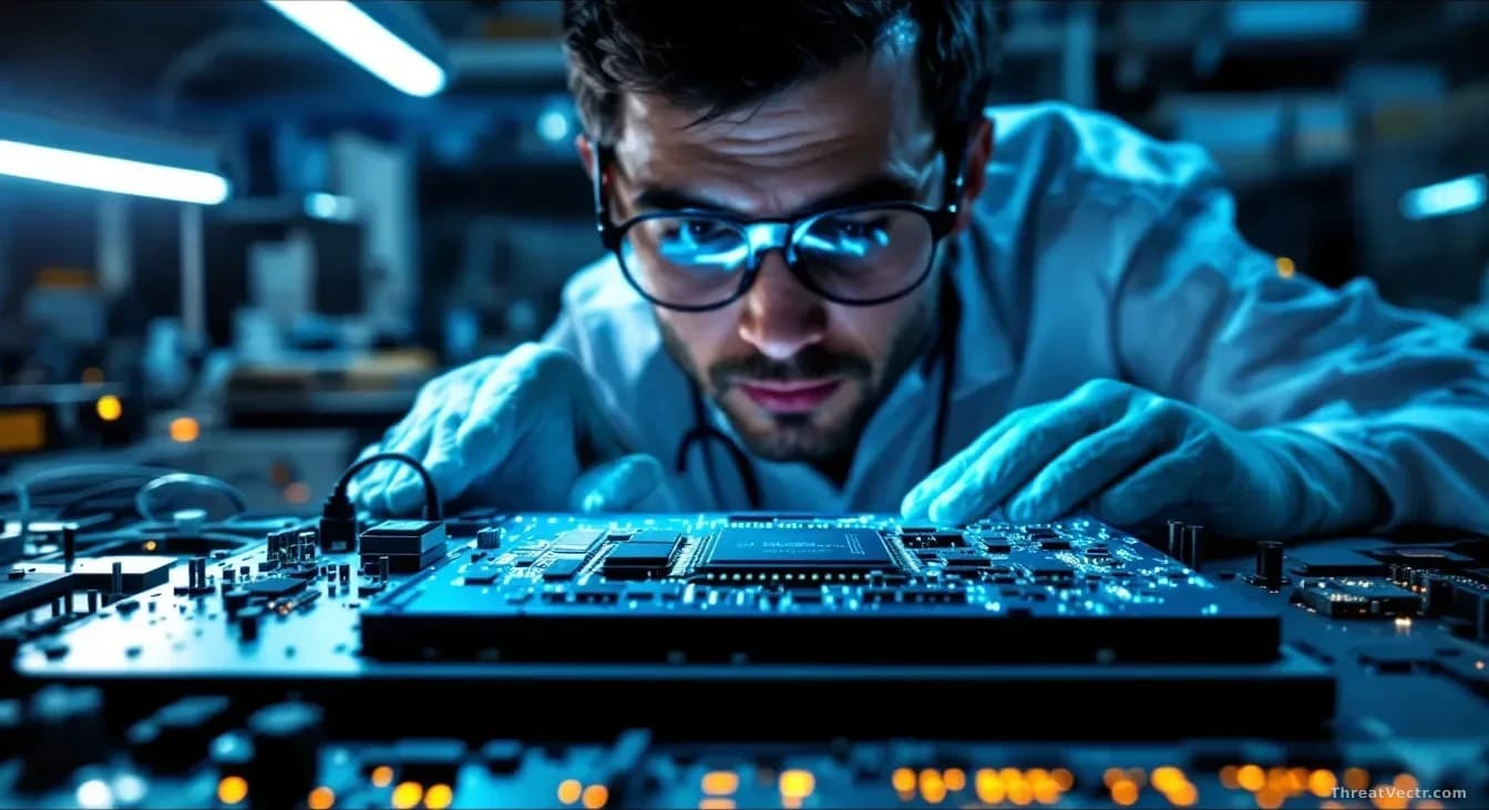 A laboratory workspace with specialized AI processor chips on examination trays under bright task lighting, a researcher in glasses examining circuit architectu