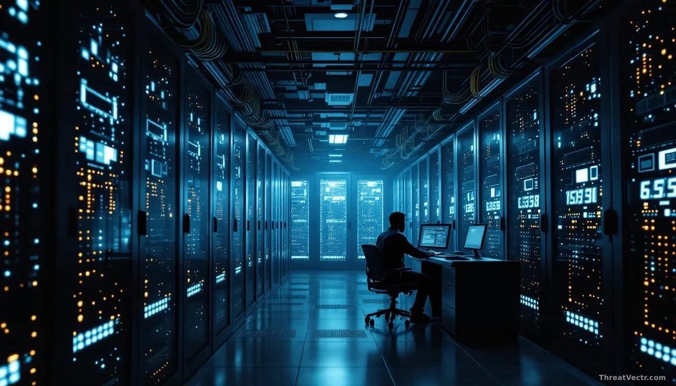 A server room with rows of industrial-grade computer hardware, circuit boards glowing softly in the darkness, network cables running precisely along cable trays