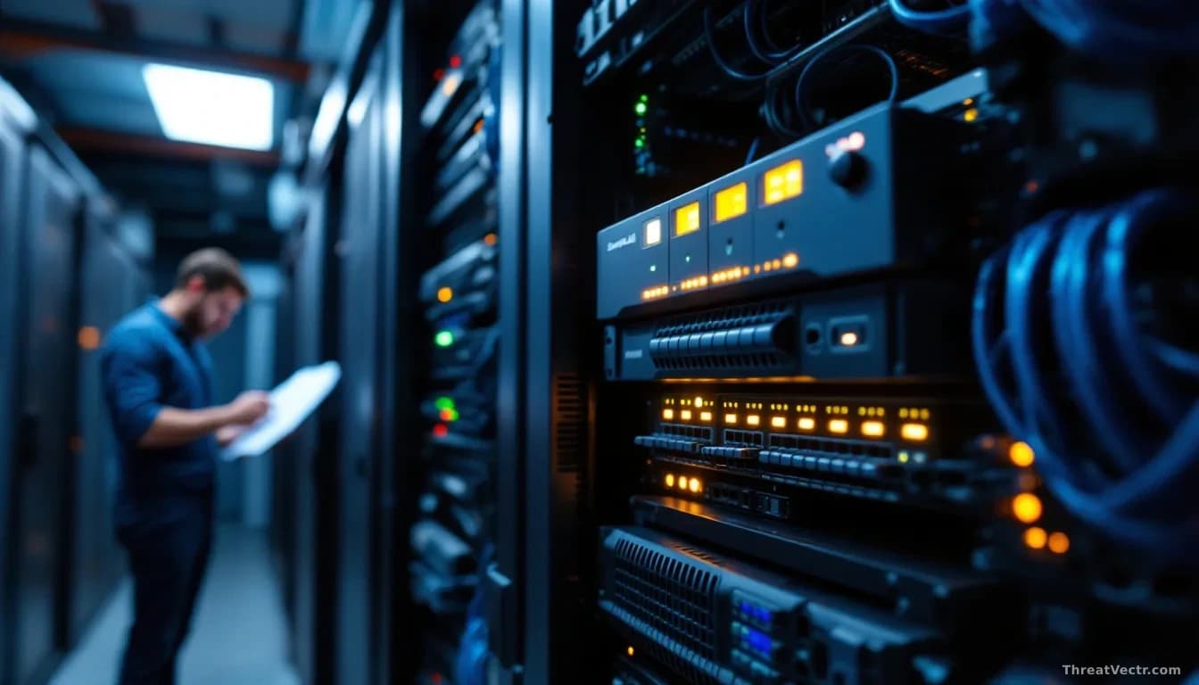 A network rack in a corporate server room showing a SonicWall appliance with its indicator lights glowing, surrounded by layers of other security hardware, cabl