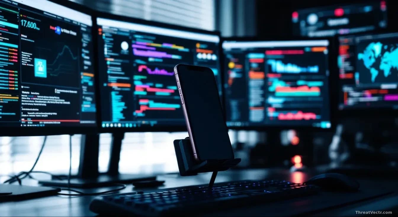A darkened computer workspace with an iPhone displayed on a stand, sophisticated hacking tool interfaces visible on surrounding screens, subtle indicators of cr
