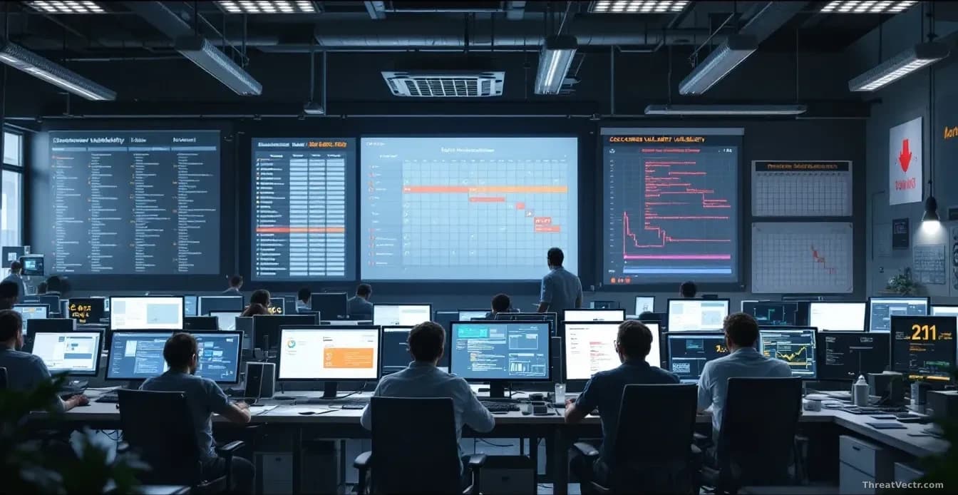 A software engineering facility with developers working at stations, screens showing discovered vulnerability lists numbering in thousands, a calendar on the wa