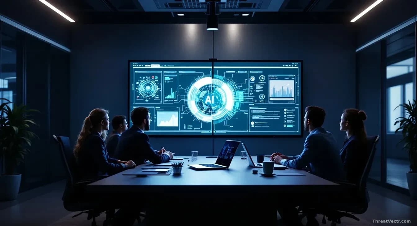 A sleek corporate office meeting room with large monitors displaying a specialized AI interface, several security professionals from recognizable industries sea