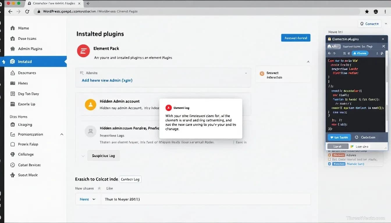 A WordPress admin dashboard displaying installed plugins including Element Pack, a hidden admin account notification visible in a suspicious log entry, maliciou
