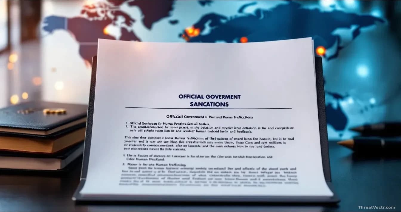 An official government sanctions document displayed on a desk with a world map in the background showing Russia and New Zealand highlighted, cybercrime and huma