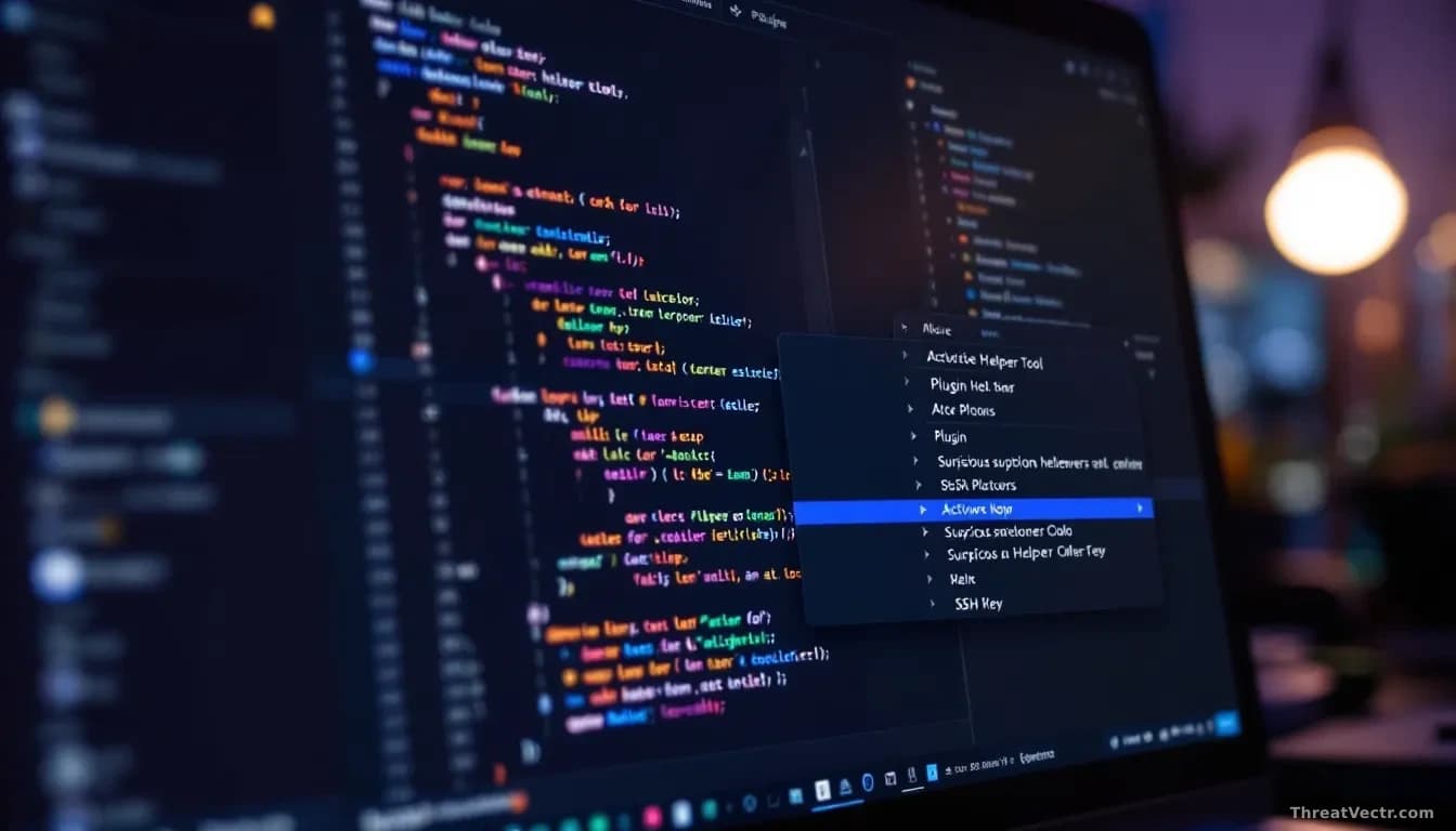 A developer's IDE window displaying code with an active plugin sidebar showing suspicious helper tool options, SSH key references visible in the code editor, am