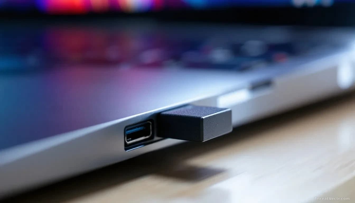A USB port on the side of a laptop with a generic black USB stick partially inserted, the computer's screen in the background showing Windows 11 boot process or