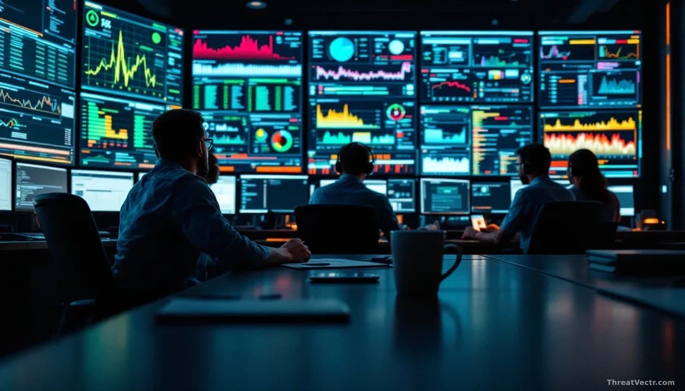 A security operations center with multiple analysts seated at workstations monitoring live threat dashboards, screens filled with real-time data visualizations