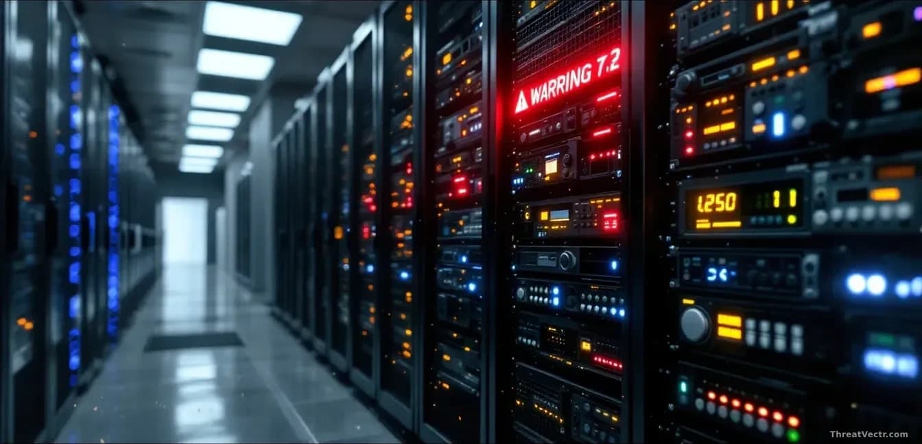 A server room with rows of blinking rack-mounted equipment, one unit highlighted with a red warning indicator among dozens of others still operating normally, d