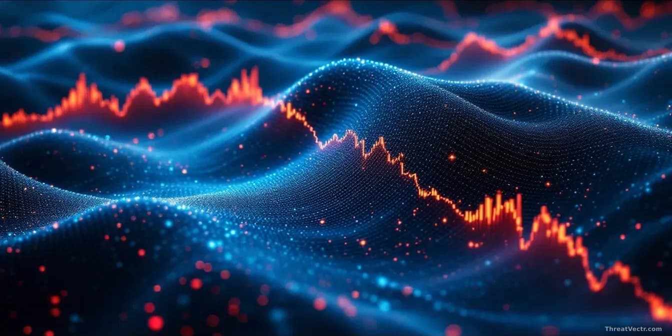 Network traffic visualization displaying massive terabit-scale DDoS attack waves, with comparative data showing 800+ attacks above 1 Tbps intensity spike across