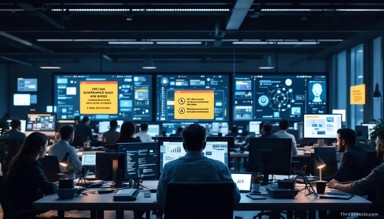 Office environment with employees at desks surrounded by AI tools and applications, visible tension indicated by unclear governance rules and restriction notice
