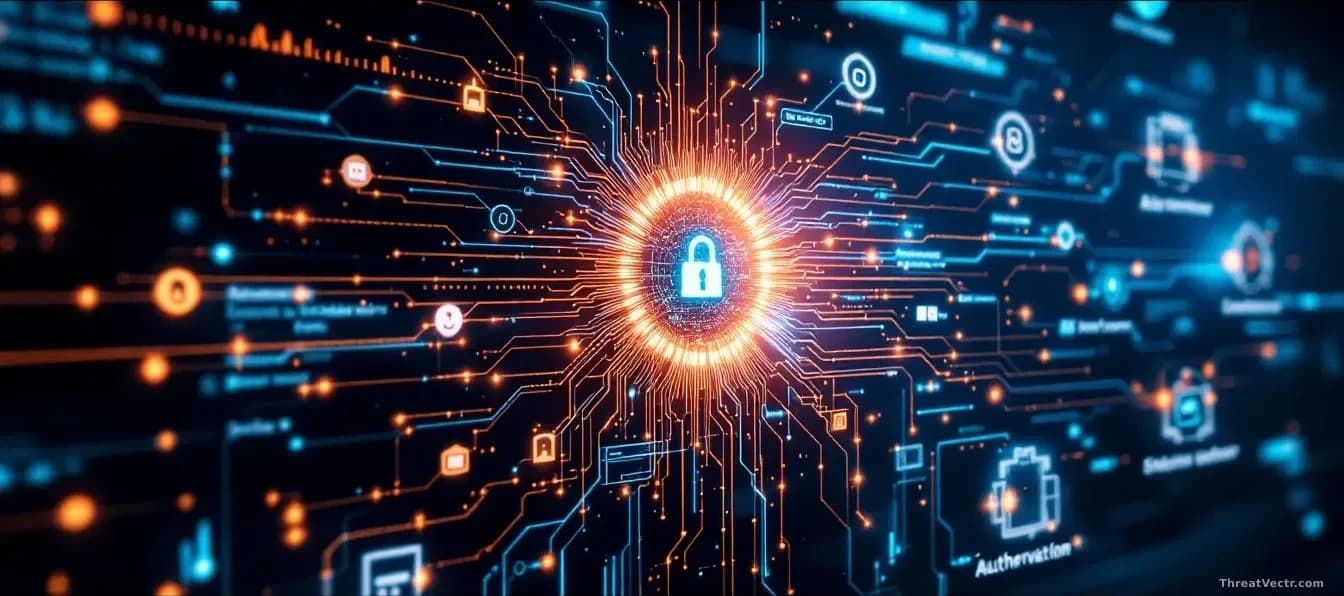 A SharePoint server interface with authentication mechanism broken, showing unauthorized access pathways and AI chain-attack visualization flowing through multi