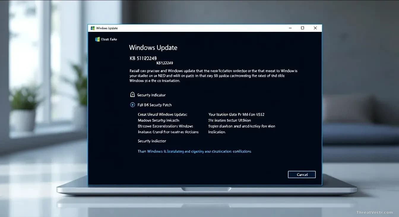 A Windows Update installation dialog displaying KB5120249 patch details against a clean, neutral desktop environment with security indicators illuminated