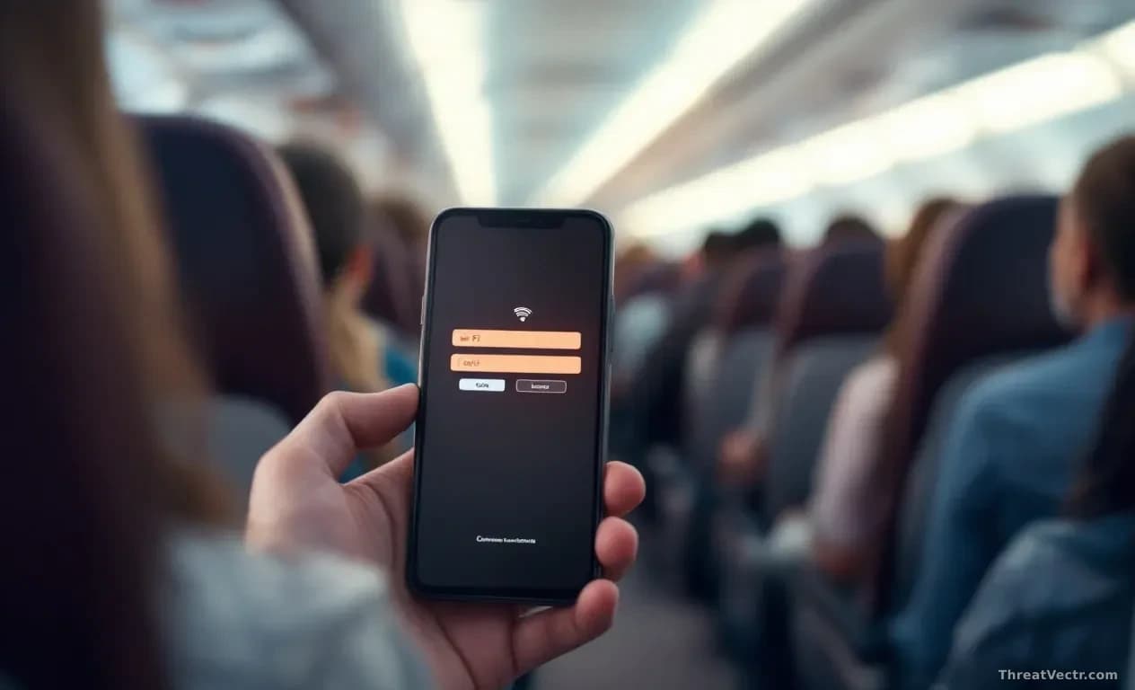 An airplane cabin with passenger seats visible in background, foreground showing a smartphone screen displaying two overlapping Wi-Fi networks—one legitimate, o