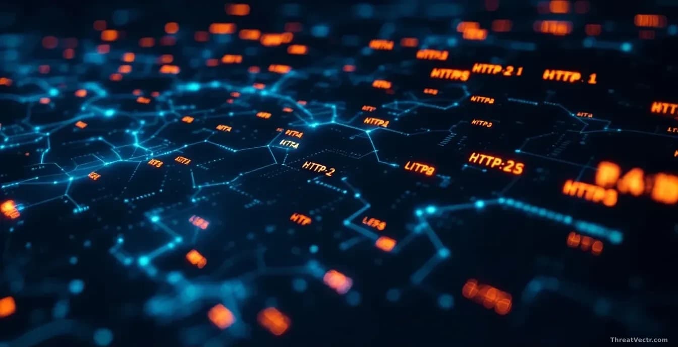 Network traffic visualization showing data streams disguised as normal HTTP/2 sessions, with hidden malicious packets highlighted within legitimate-looking web