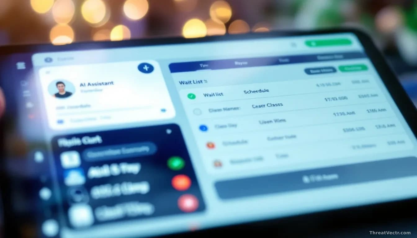A gym booking application interface on a tablet or phone showing a waitlist and class schedule, with an AI assistant icon visible, confusion and disruption of t
