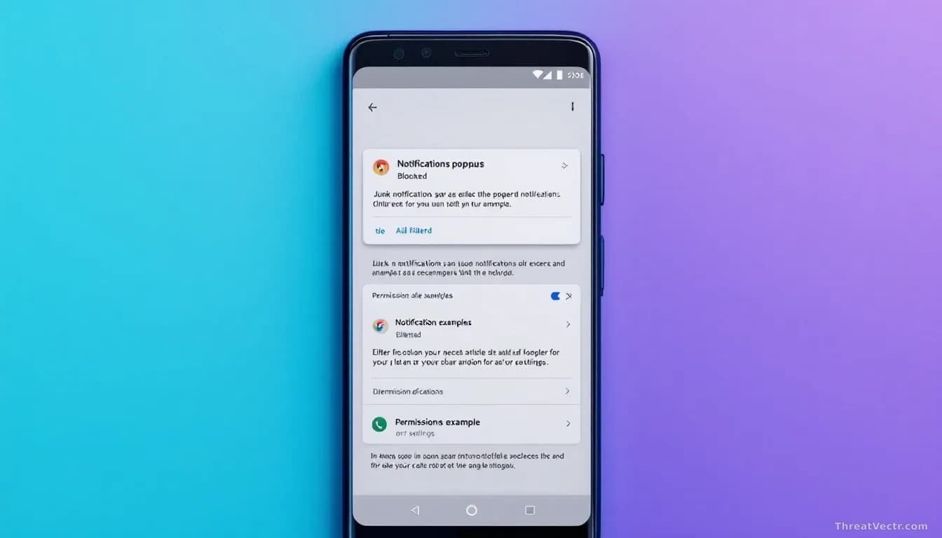A mobile phone screen showing Google Chrome browser with notification popups being blocked and filtered, junk notification examples appearing and disappearing,