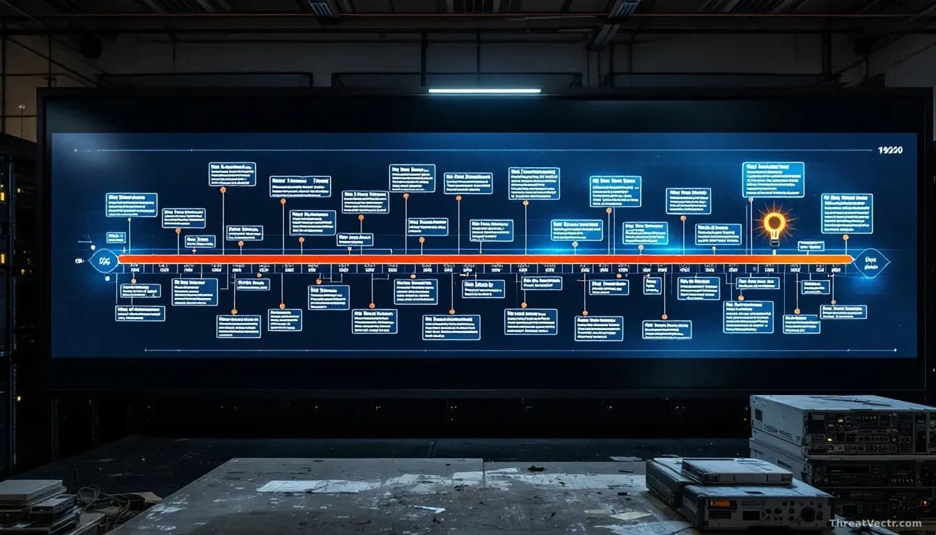 A timeline graphic displayed on a large monitor tracing decades of software history, highlighting ancient code libraries and print-spooler systems, Stuxnet malw