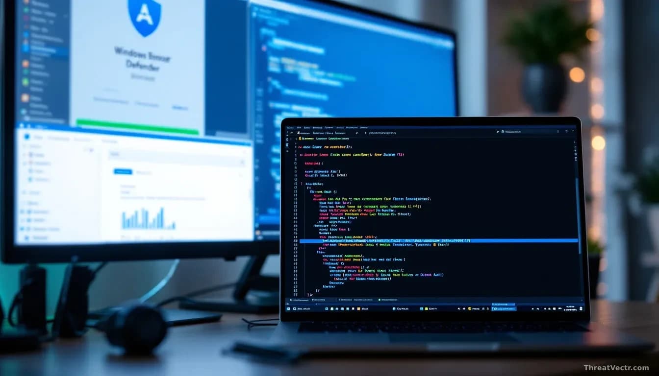 A security researcher's workspace showing code editor with proof-of-concept exploit displayed, Windows Defender interface running in background, security bypass