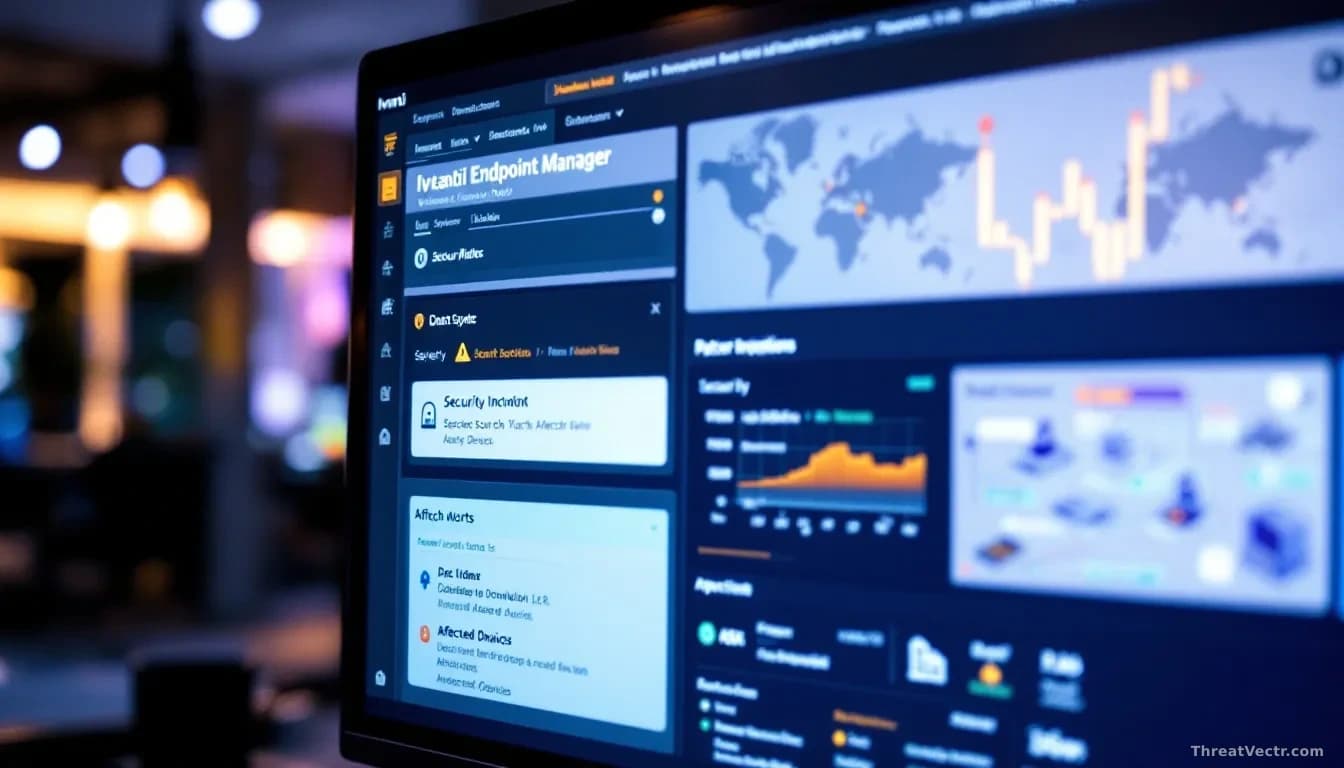 An Ivanti Endpoint Manager dashboard on a monitor showing system administration controls, with security alerts and patch notifications displayed, network diagra