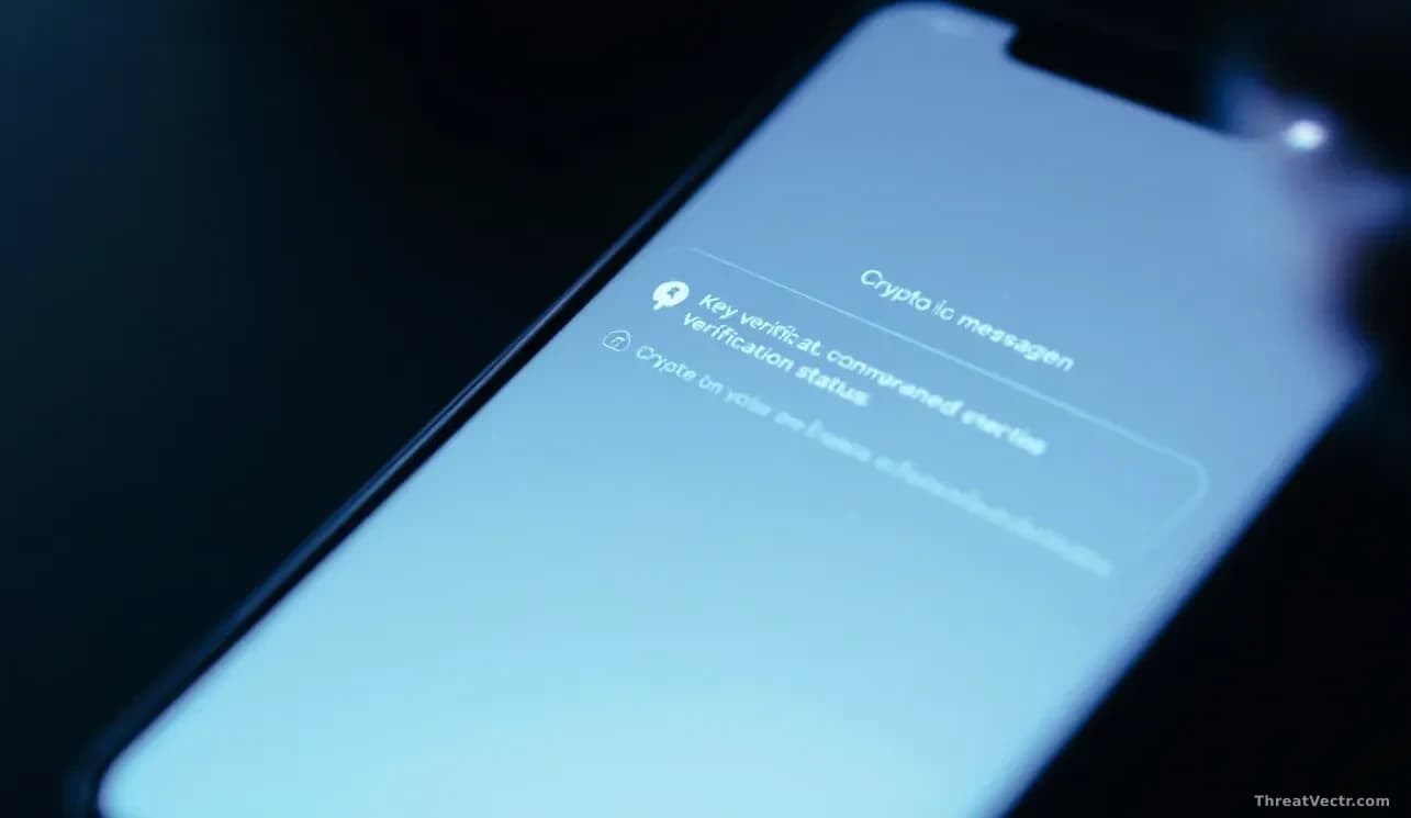 A messaging application interface on a smartphone displaying key verification status, with cryptographic elements and security confirmations visible on the scre
