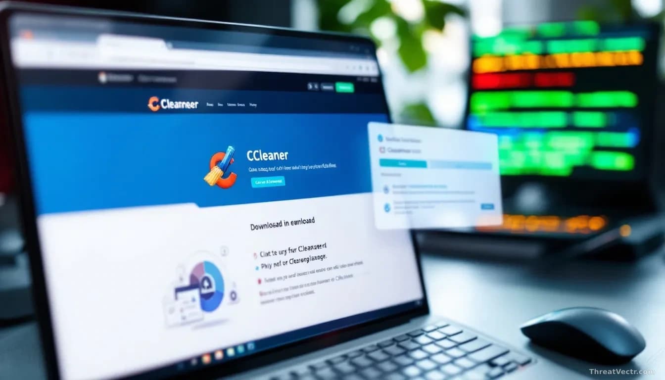 A web browser window displaying a convincing CCleaner download page clone, with system notification alerts appearing in the background suggesting malicious acti