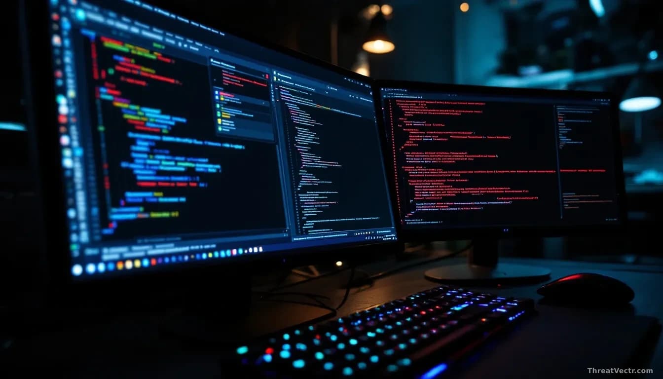 A hacker's workstation with multiple browser windows and database query tools open, showing corporate data being copied and transferred, dim lighting and focus