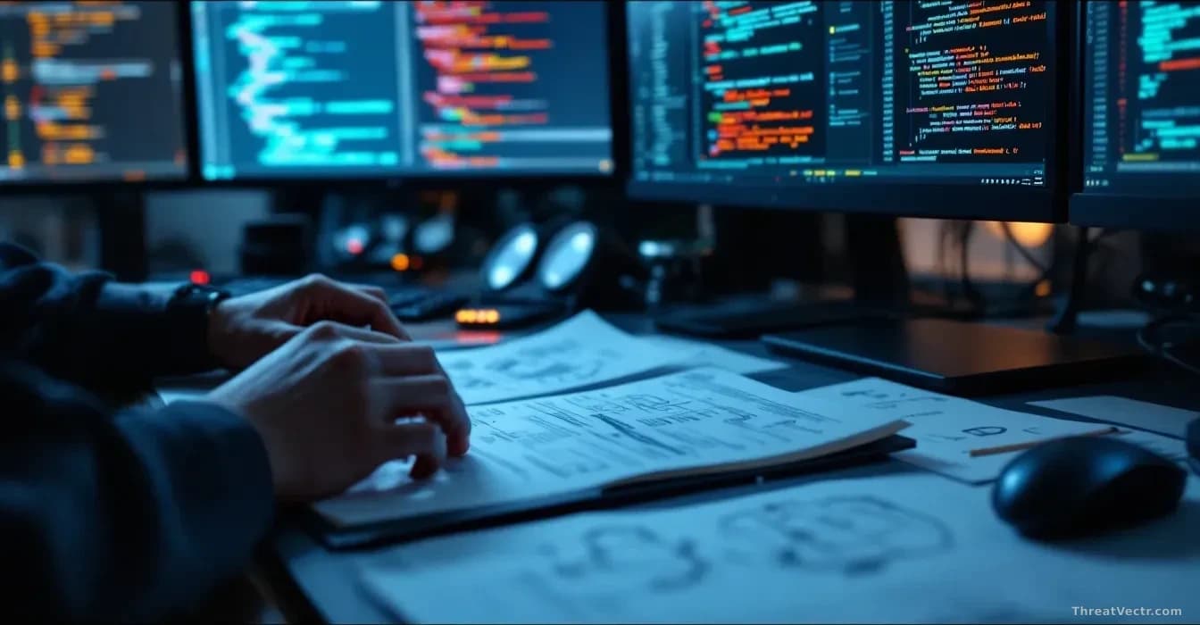 A security researcher's desk with multiple computer monitors displaying code and vulnerability reports, papers scattered with technical diagrams, close-up of ha