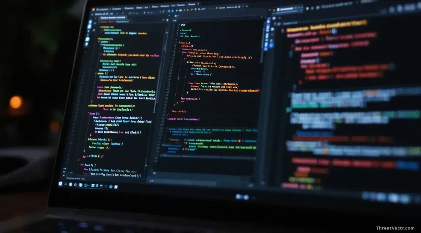 A developer's laptop showing API code and encrypted data blocks in an IDE, with hidden reasoning traces and exposed credentials visible in debugging output