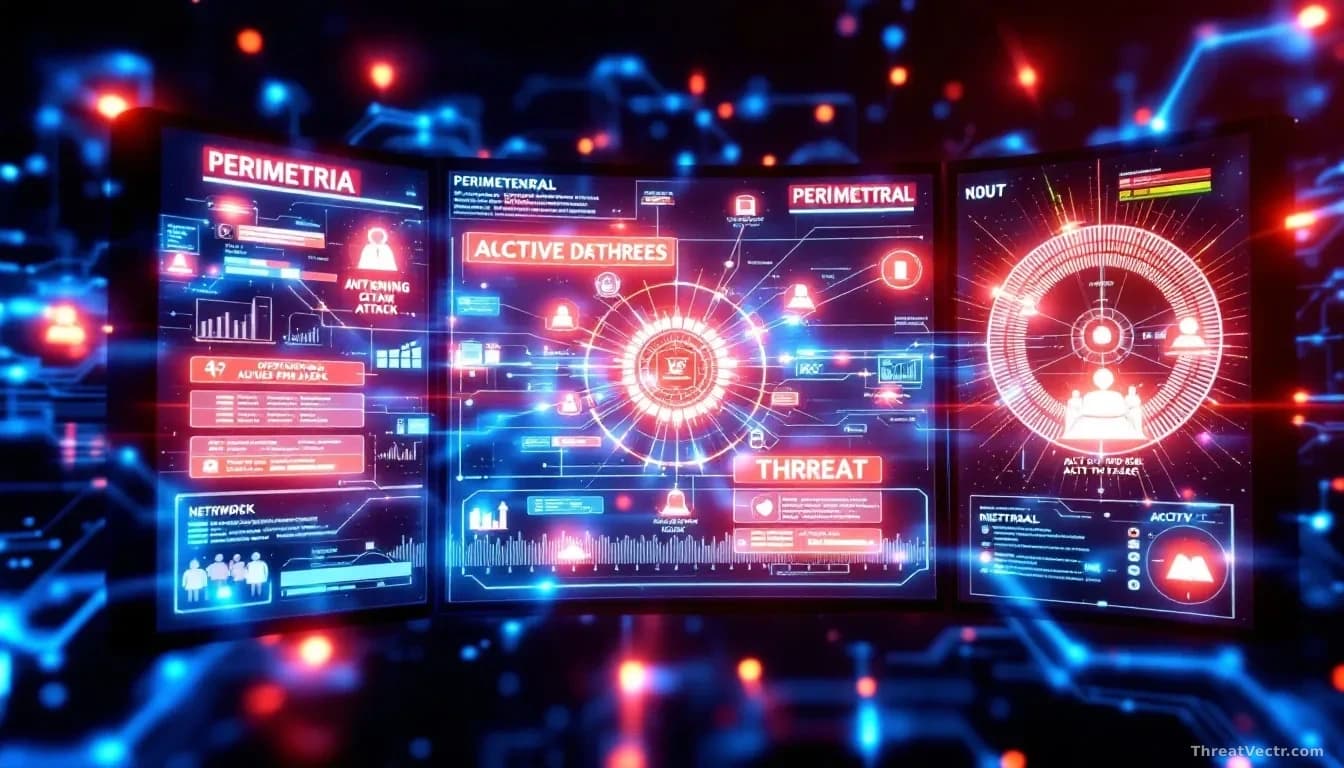 A network diagram displayed on multiple monitors showing perimeter defenses blocking incoming attacks while internal network segments light up with active threa