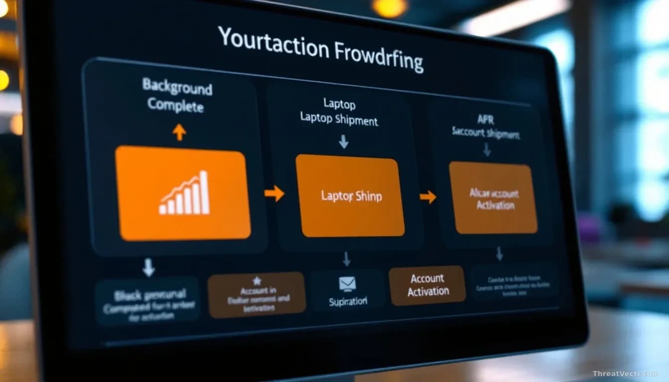 An HR onboarding workflow diagram displayed on a corporate system, showing gaps between background check completion, laptop shipment, and account activation sta