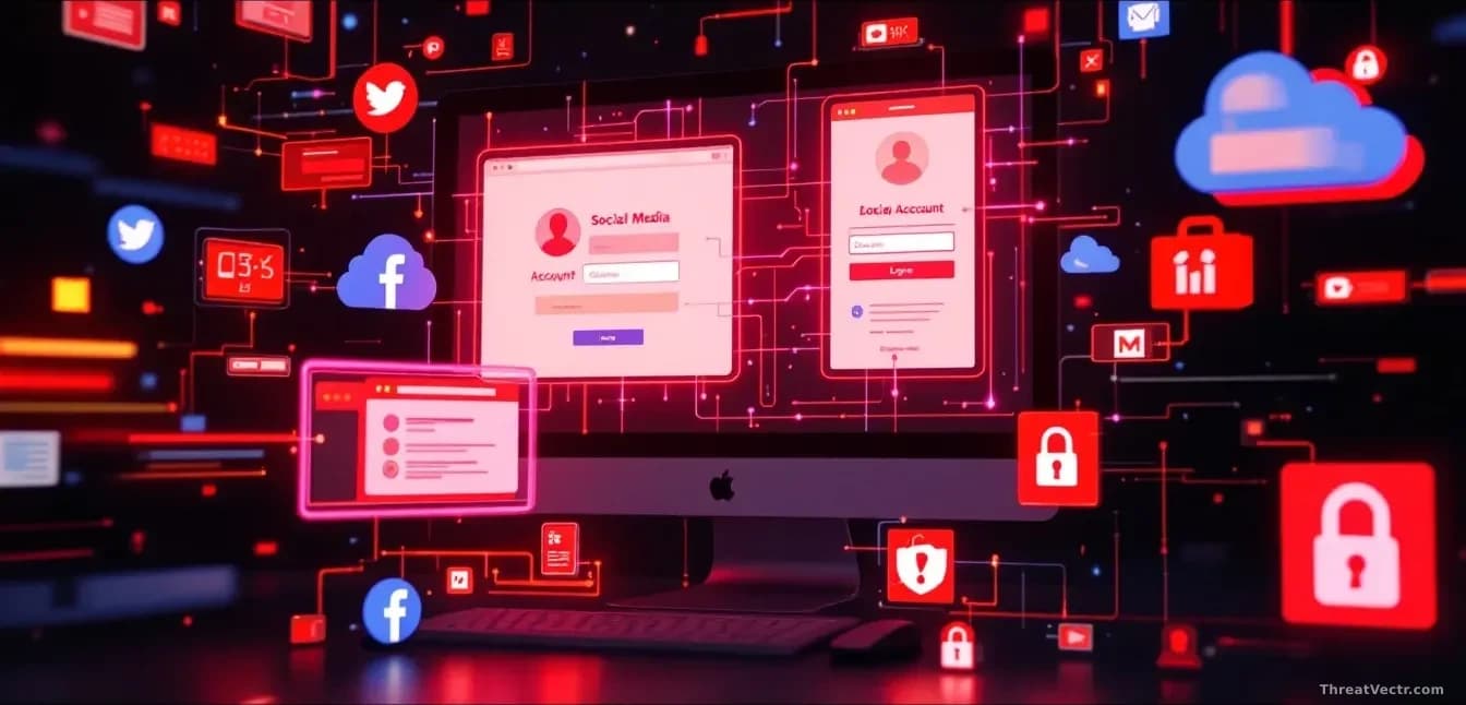 A computer screen showing social media account login pages and cloud storage interfaces, with digital threat graphics indicating unauthorized access attempts an